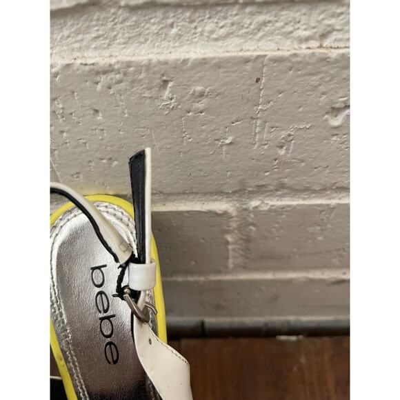 Bebe Roxanne Black/White/Neon Yellow Peep Toe Slingback 5" Platform Heel Size 5 - Picture 5 of 11